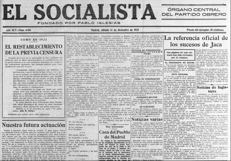 EL SOCIALISTA, sábado 13 de diciembre de 1930