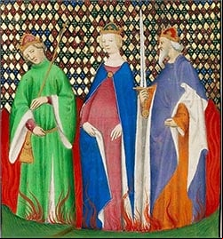 Tiberio, Mesalina y Calígula se reprochan en medio de las llamas en esta obra de autor desconocido pintada en el año 1415