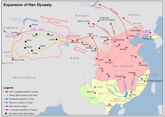 Mapa de la expansión Han durante el reinado del Emperador Wu (141-87 a. C.)