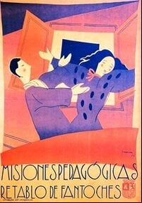 Cándido_Fernández_Mazas,_Misiones_Pedagógicas._Retablo_de_Fantoches,_1934._Litografía,_70_x_50_cm